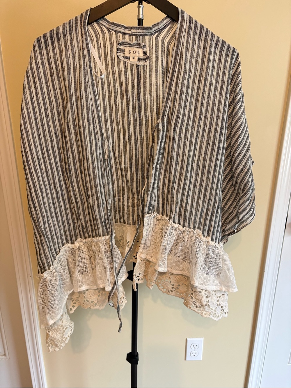 Striped Linen Blend Midi Kimono Cardigan with Lace Trim